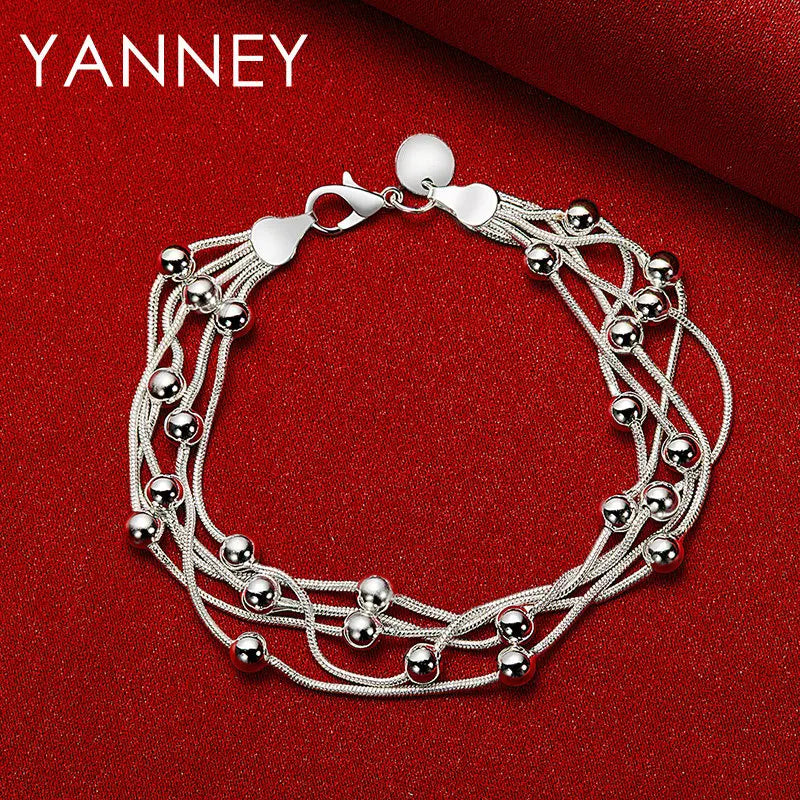 925 Sterling Silver 8-inch Beaded Bracelet Women Party Wedding Jewellery Gift