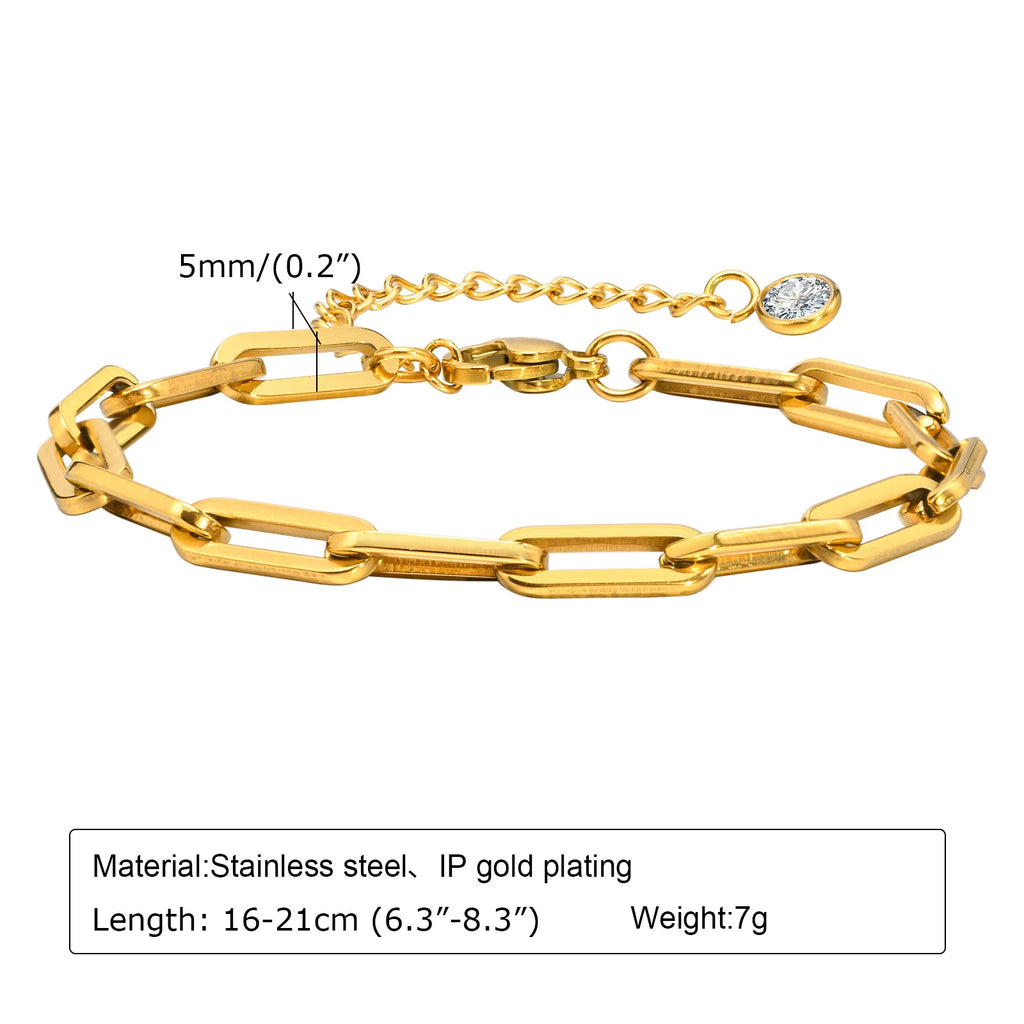 6mm Paperclip Chain Bracelet 18k Gold Plated Stainless Steel Link Adjustable Stackable Jewelry for Women Girls Gift