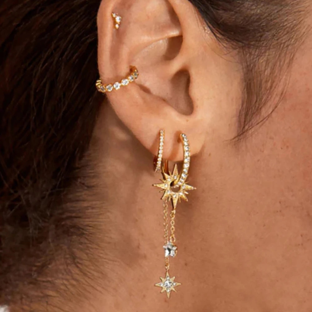 Vintage Stainless Steel Zirconia Sun Star Dangle Earrings Punk Rock