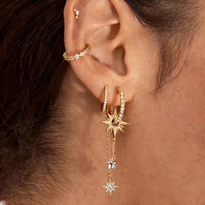 Vintage Stainless Steel Zirconia Sun Star Dangle Earrings Punk Rock
