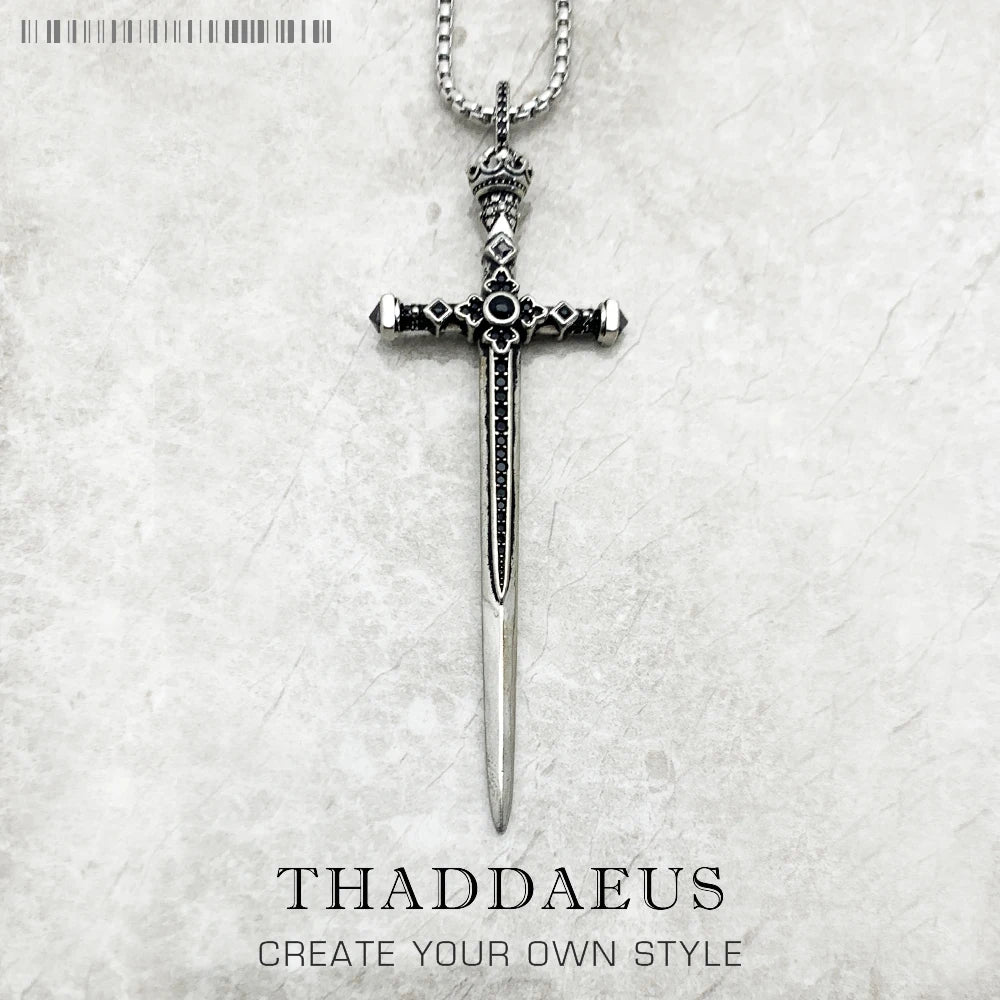 Sword Pendant Link Chain Necklace 925 Sterling Silver Vintage Jewellery Gift