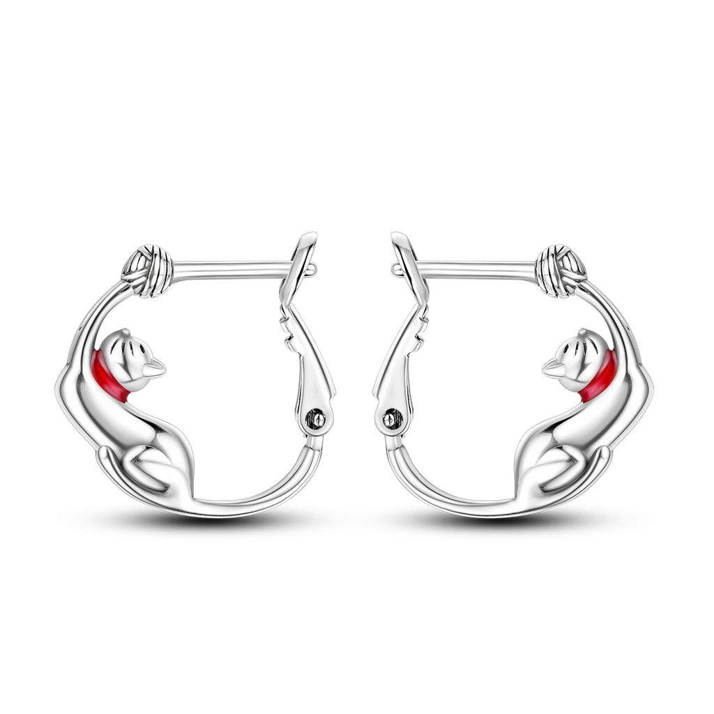 925 Sterling Silver Cute Lazy Cat Animal Pet Hoop Earrings Birthday Gift