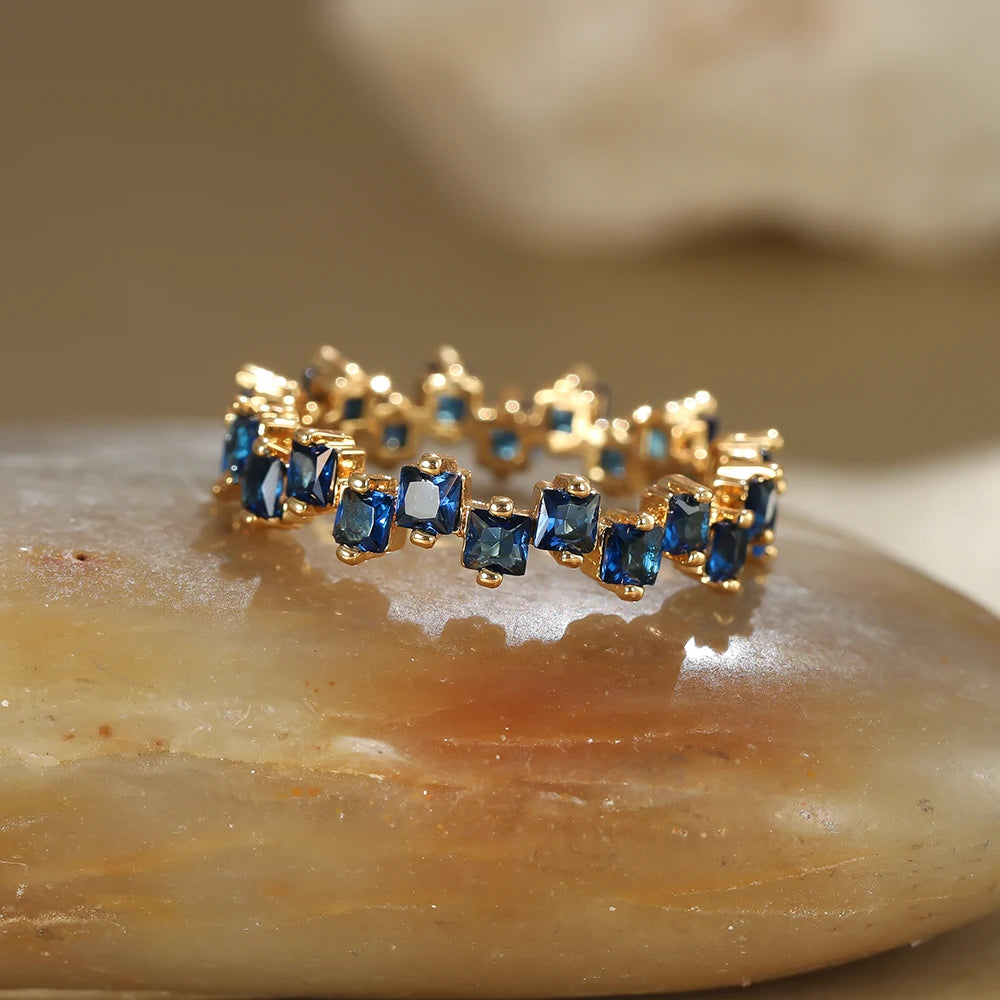 Irregular Square Zircon Engagement Ring Vintage Female Royal Blue Stone Thin Ring Antique Gold Color Wedding Rings For Women CZ