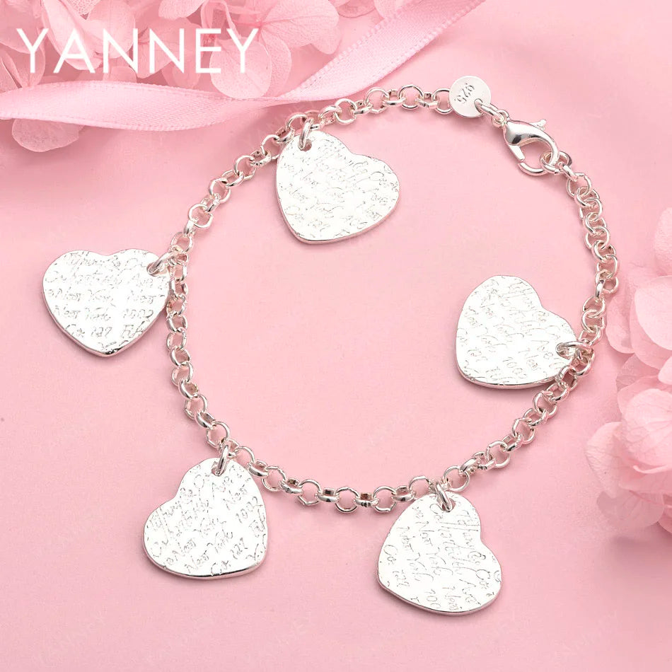 925 Sterling Silver 8-inch 4-Heart Pendant Bracelet Women Wedding Jewellery