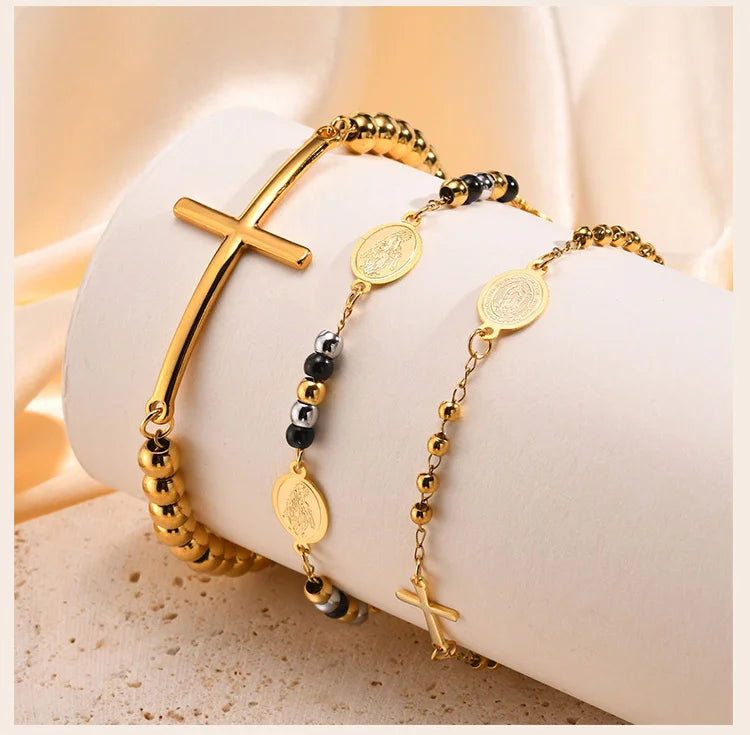 Beads Chain Virgin Mary Bracelet For Women, Stainles Steel Rosary Cross Bracelets, Gold Plated Faith Jewelry Gift