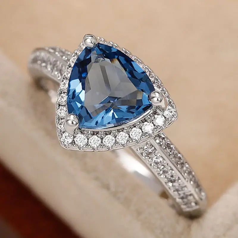 925 Sterling Silver Luxury Dark Blue Zircon Triangle Ring Fashion Classic Engagement Anniversary Gift