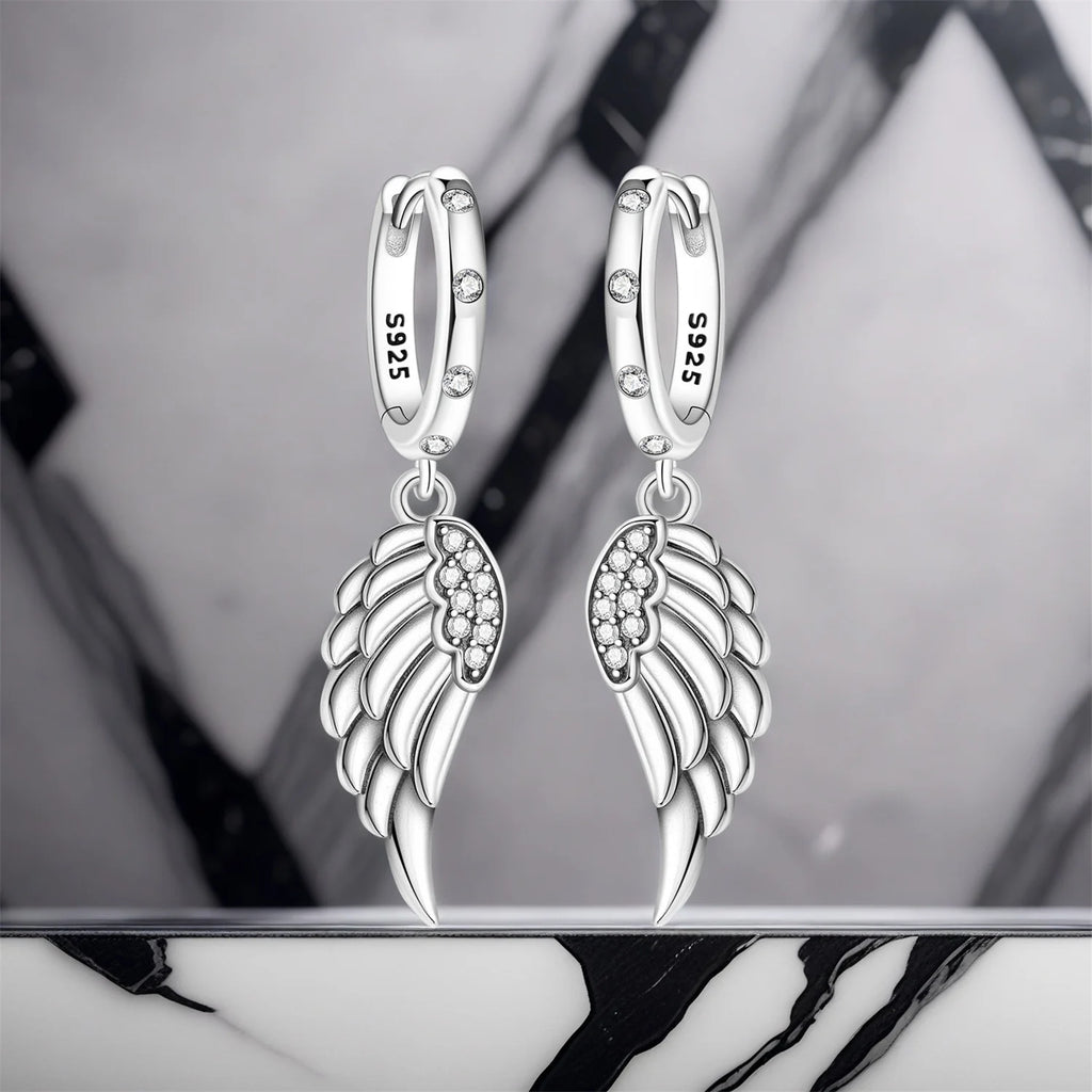 925 Sterling Silver Sparkling Wings Drop Earrings Trendy Anniversary Gift