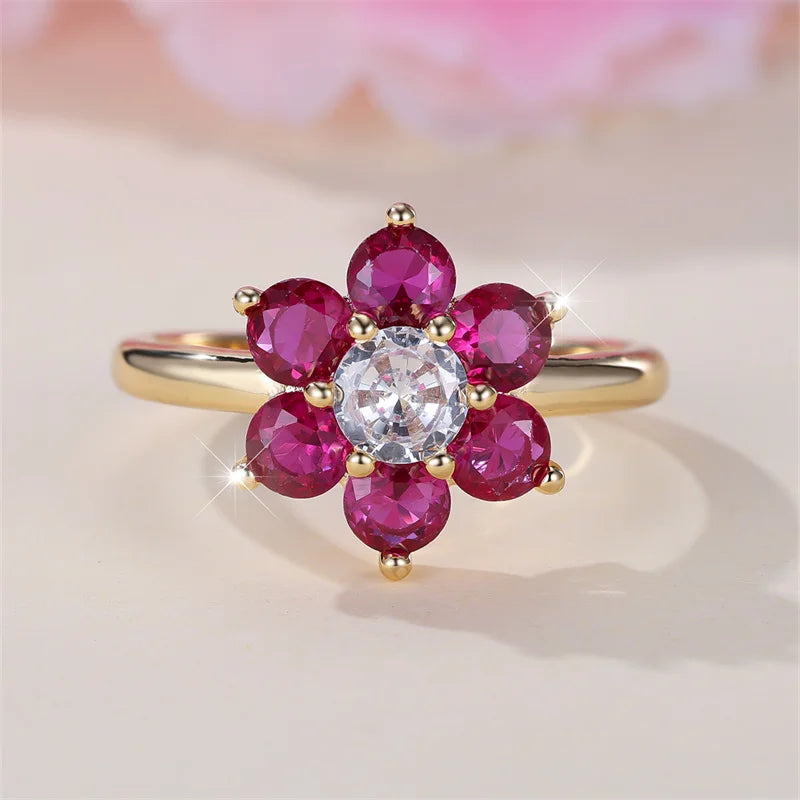 Charm Cherry Flower Rings For Women Rose Red Stone Cocktail Ring Wedding Bands Antique Gold Color CZ Engagement Party Jewelry