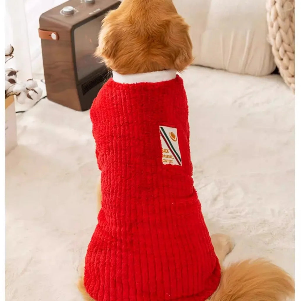 Jolly Red Plush Dog Coat for Large Breeds - Warm & Festive Hoodie for Golden Retriever, Husky, Holiday Celebration