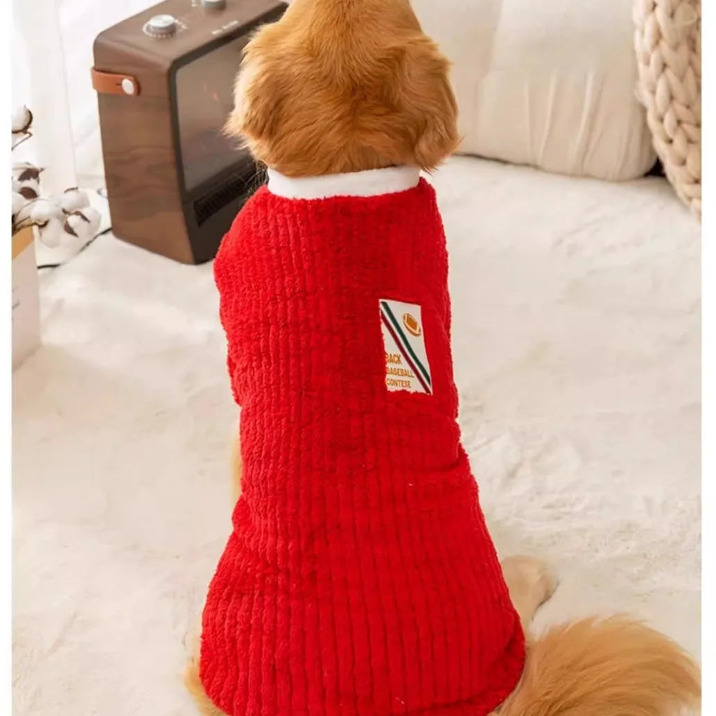 Jolly Red Plush Dog Coat for Large Breeds - Warm & Festive Hoodie for Golden Retriever, Husky, Holiday Celebration