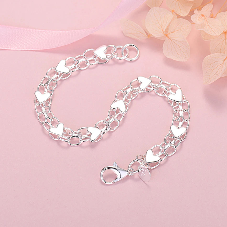 Romantic Heart Bracelet 925 Sterling Silver Women Valentine's Day Gift