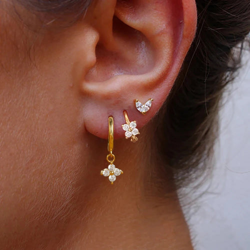 3PCS Vintage Design Four Flower Zircon Hoop Earrings Set Steel