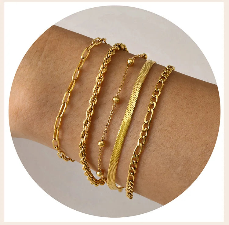 Gold Plated Bracelets Set for Women, 5pcs Chain Link Stainless Steel Statement Bracelet Stackable Layered Jewelry Adjustable