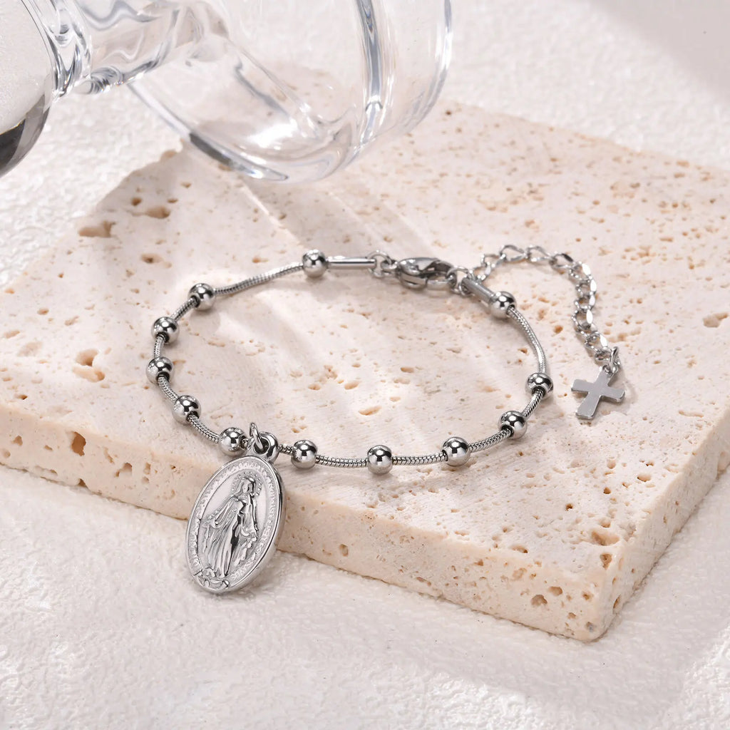18k Gold Plated Virgin Mary Bracelet Gold Plated, Rosary Bead Cross Bracelets For Women, Stainless Steel Faith Jewelry