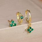 3PCS Gold Plated Chain Zircon Hanging Earrings Stainless Steel Flower