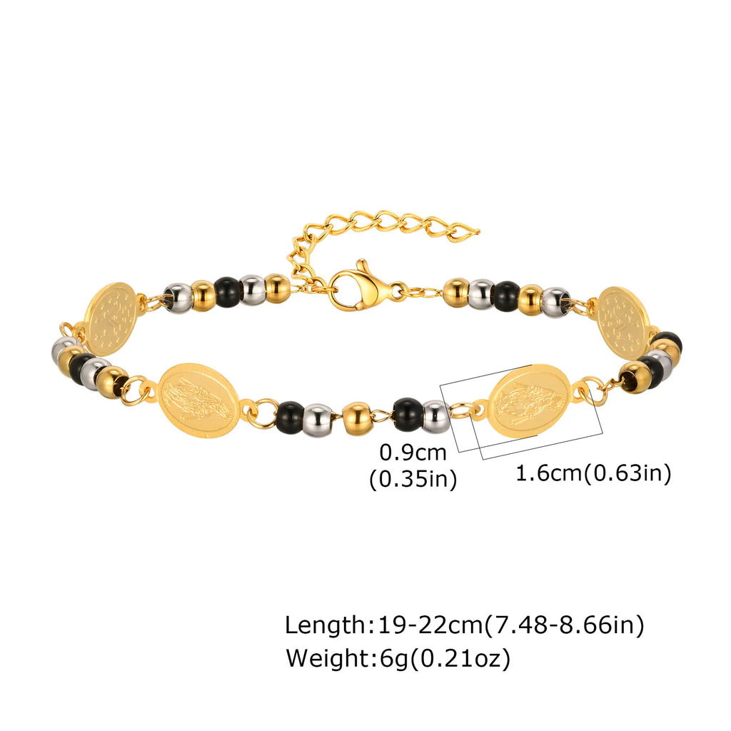Beads Chain Virgin Mary Bracelet For Women, Stainles Steel Rosary Cross Bracelets, Gold Plated Faith Jewelry Gift