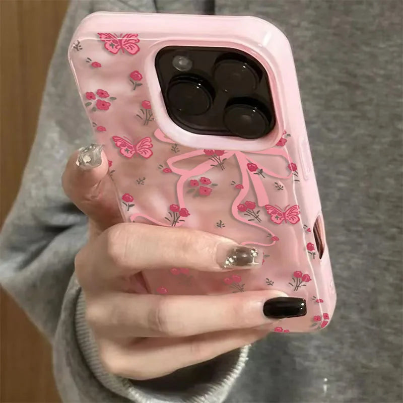 Pink Butterfly Rose Floral Case for iPhone 17 16 15 14 13 12 11 Pro Max Plus