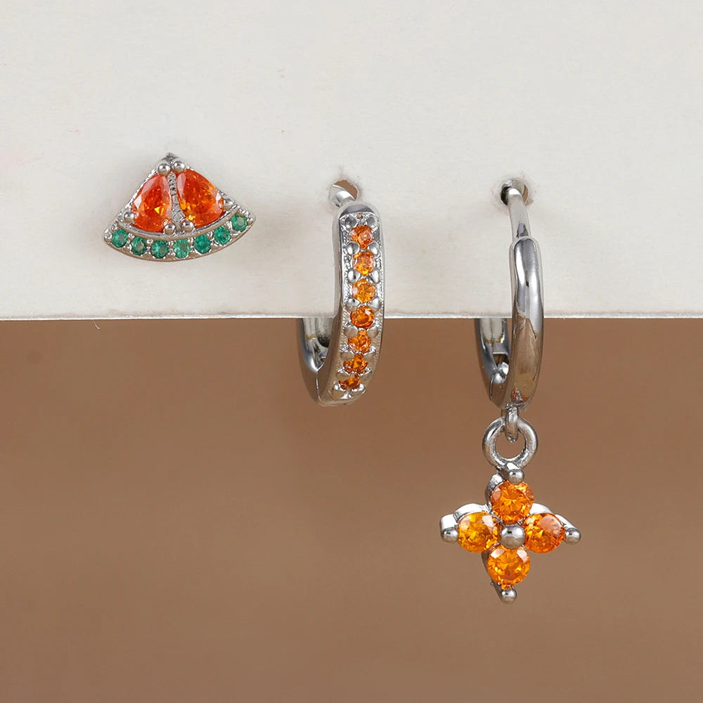 3PCS Stainless Steel Orange Zirconia Flower Pendant Hanging Earrings Set