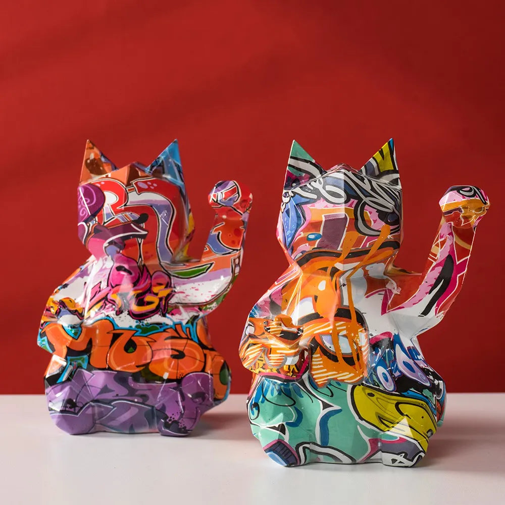 Geometric Abstract Lucky Cat Home Shop Decoration Resin Figurines Wall Shelf Modern Art