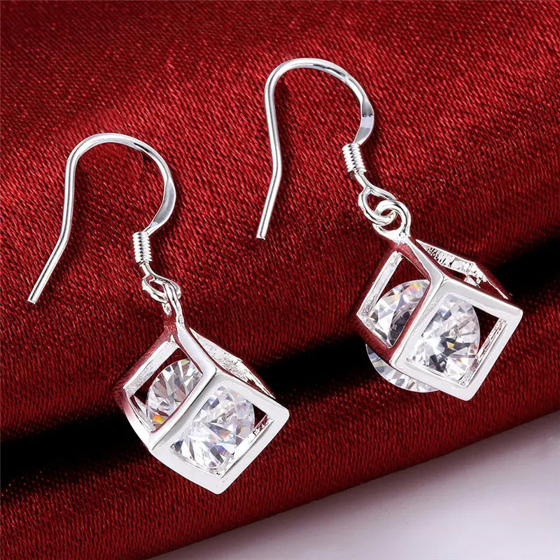 925 Sterling Silver 30mm Square Zircon Earrings Women Charm Wedding Jewellery