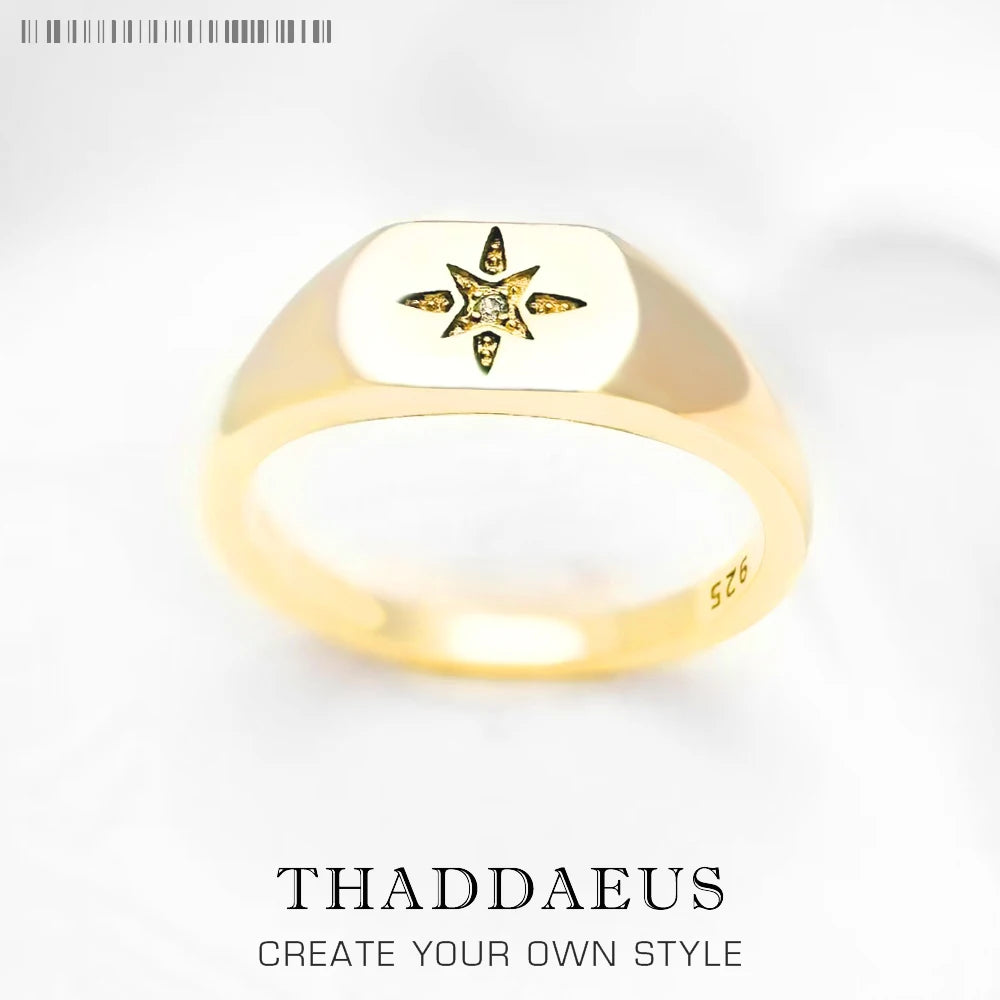Signet Ring Vintage Star Gold 925 Sterling Silver Nostalgic Jewellery Women
