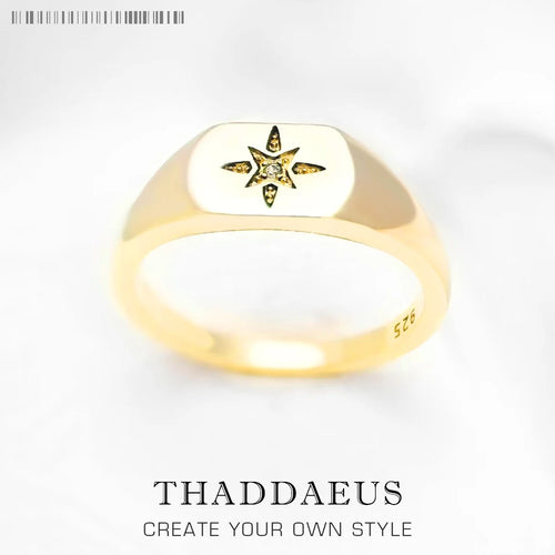 Signet Ring Vintage Star Gold 925 Sterling Silver Nostalgic Jewellery Women