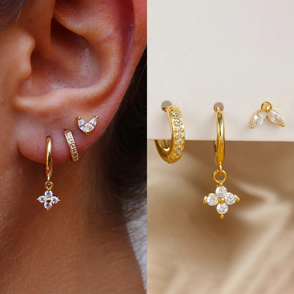 3PCS Exquisite Green Zircon Hanging Earrings Stainless Steel Flower