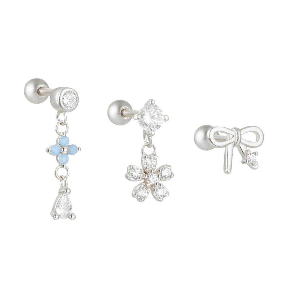 3PCS Stainless Steel Blue Opal Stone Flower Bowknot Petal Piercing