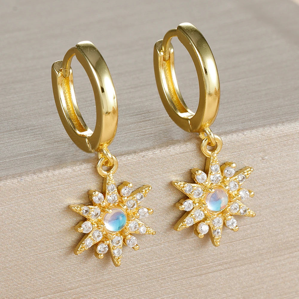 2PCS New Star Moon Zircon Opal Hoop Earrings Stainless Steel Stud