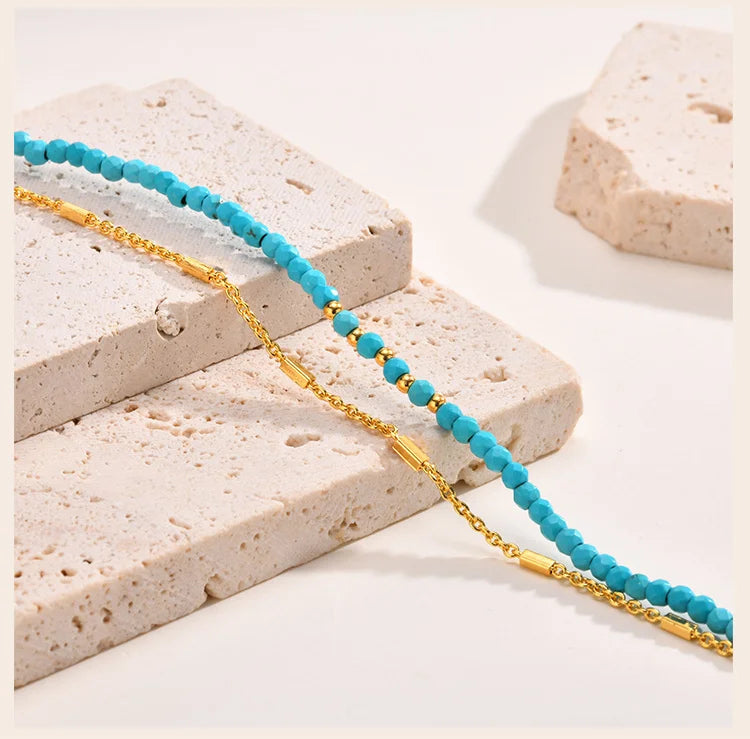Turquoise Bracelet for Women, Double Chain Round Beaded Bracelet, Tarnish Free Gold Plated Jewelry Gift