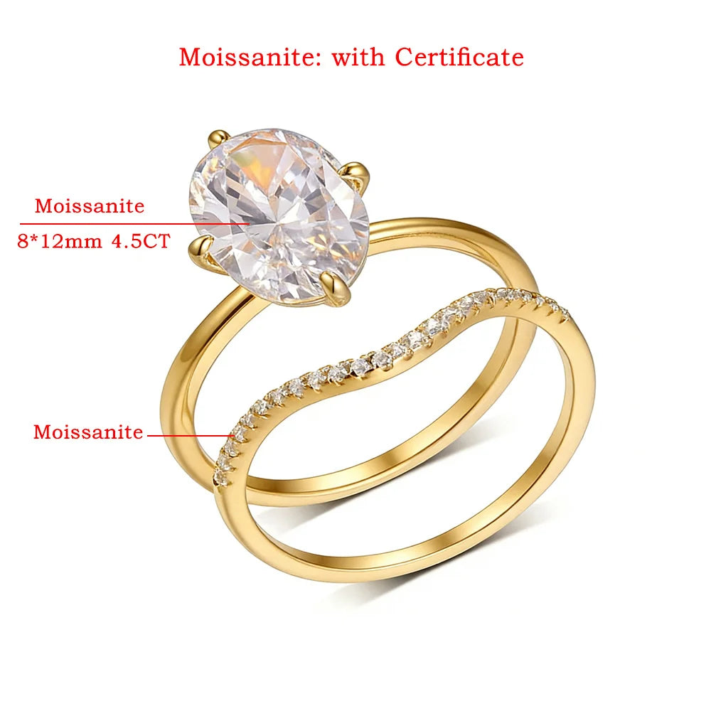 8x12mm Oval Moissanite Wedding Ring Set 18k Gold Plated 925 Sterling Silver Certified