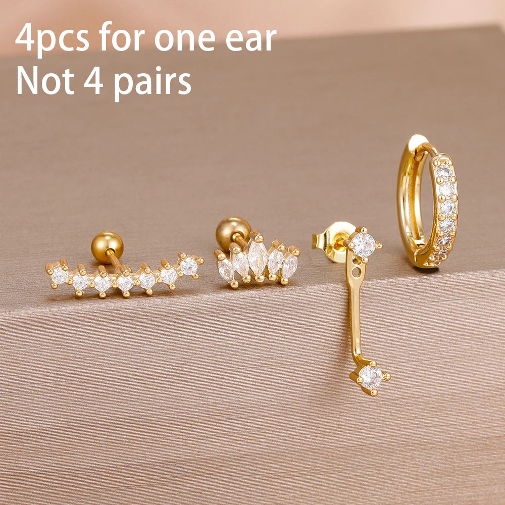 4pcs Korean Stainless Steel Zircon Water Drop Piercing Earrings Set