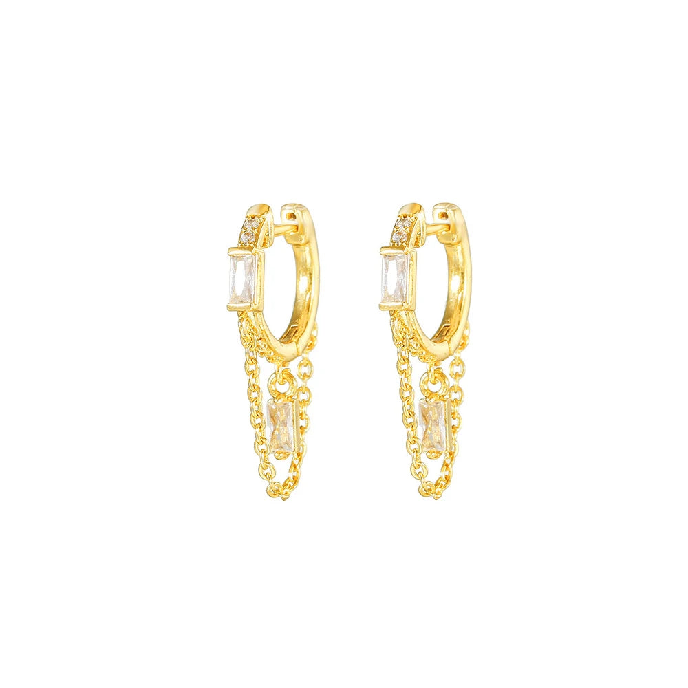 2PCS Gold Colour Long Chain Square Zircon Drop Earrings Rectangle