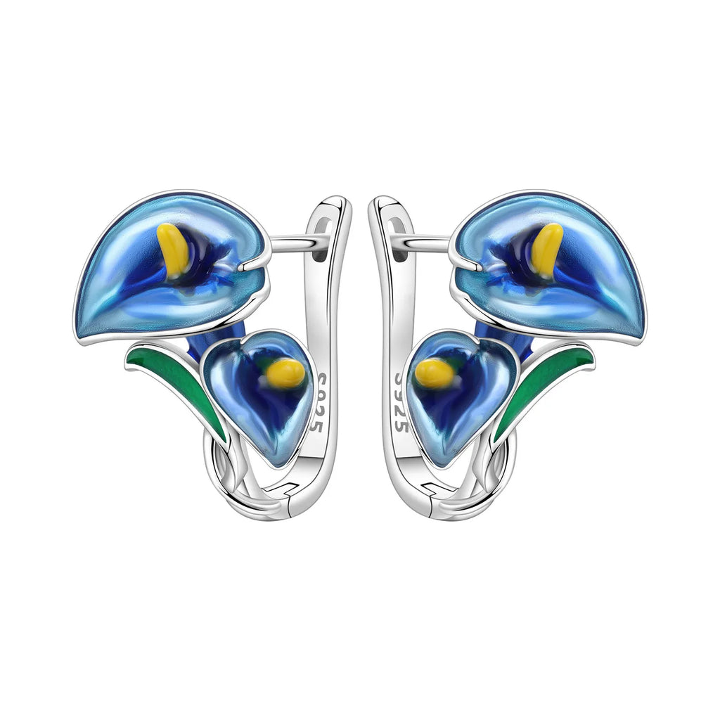 925 Sterling Silver Blue Iris Flower Hoop Earrings Anniversary Jewellery Gift