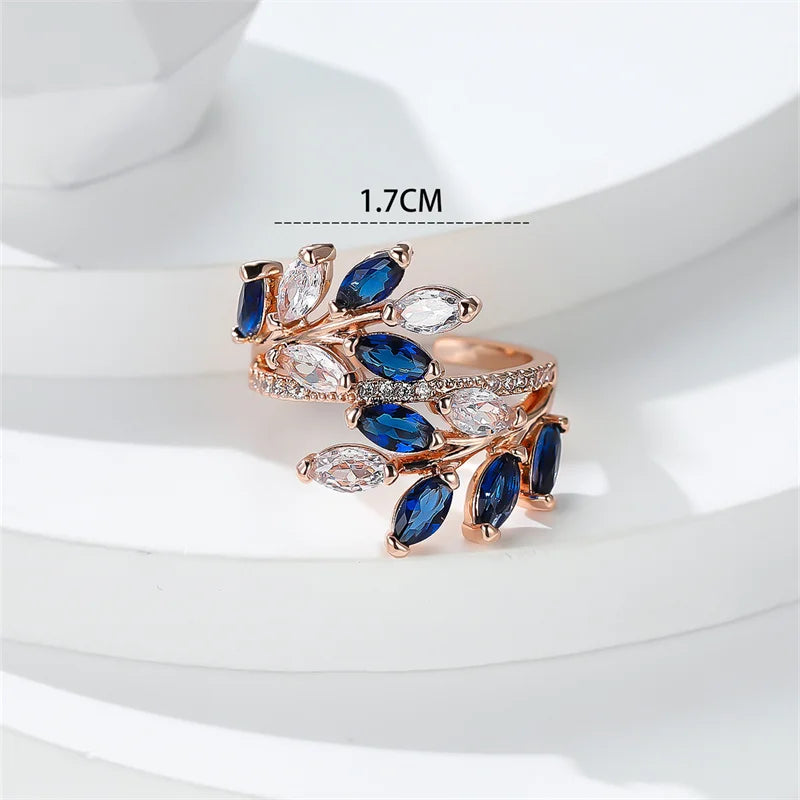 Marquise Cut Royal Blue Green Purple Pink Zircon Leaf Rings For Women Rose Gold Color Boho Cocktail Ring Wedding Bands Jewelry
