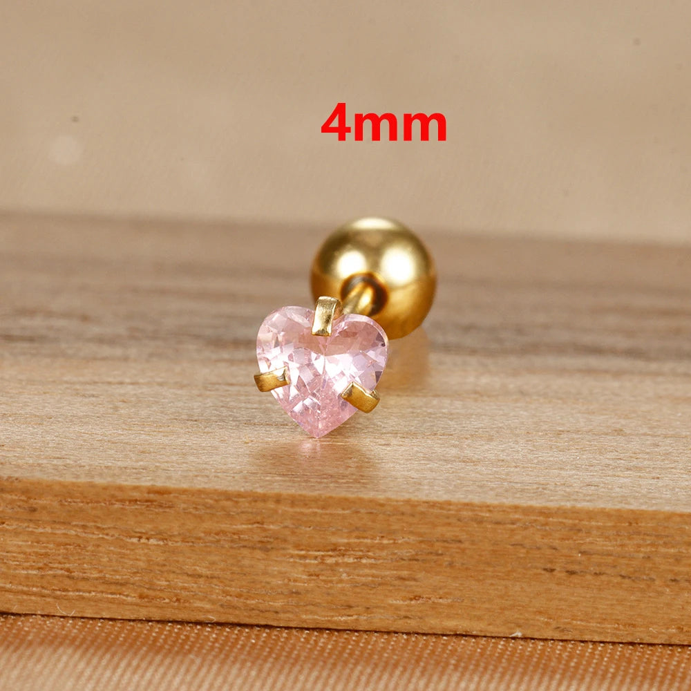 1PC Simple Pink Cubic Zirconia Heart Small Stud Earrings Steel