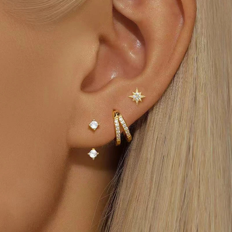 3PCS Trendy Double-layer Circle Cubic Zircon Star Hanging Earrings