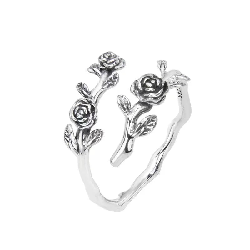 925 Sterling Silver Roses Branch Adjustable Ring Engagement Wedding Female Luxury Accessory