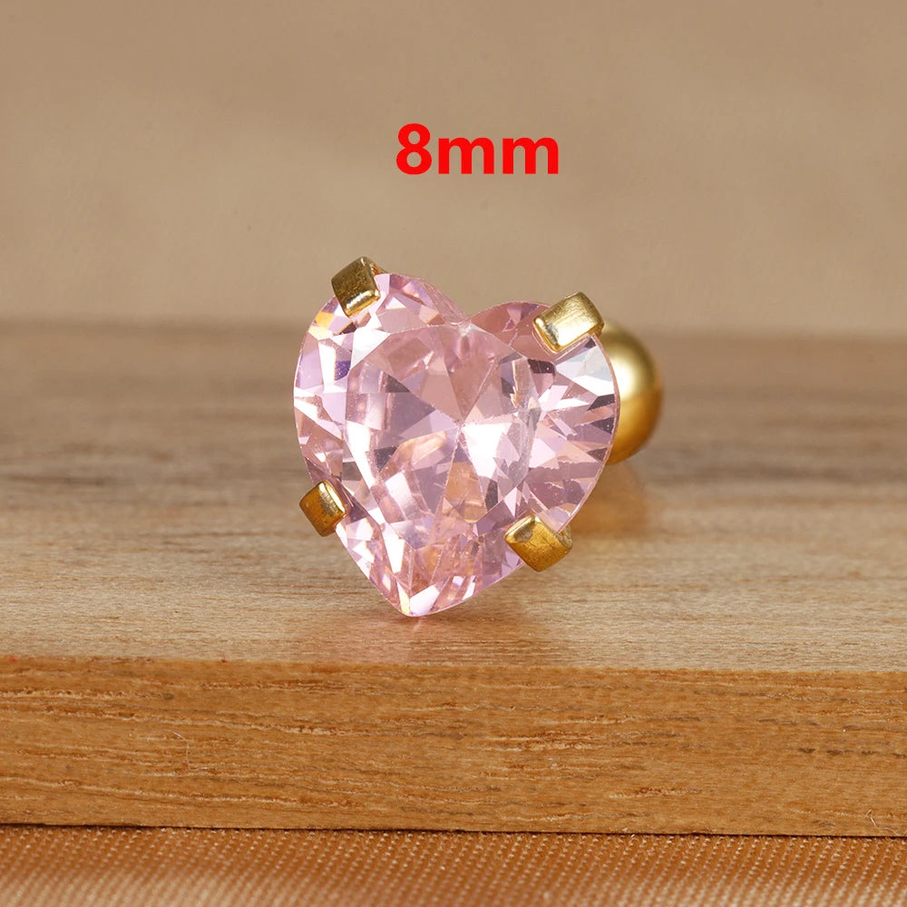 1PC Simple Pink Cubic Zirconia Heart Small Stud Earrings Steel