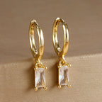 18K Gold Plated Green Zirconia Huggies Hoop Earrings Square Pendant