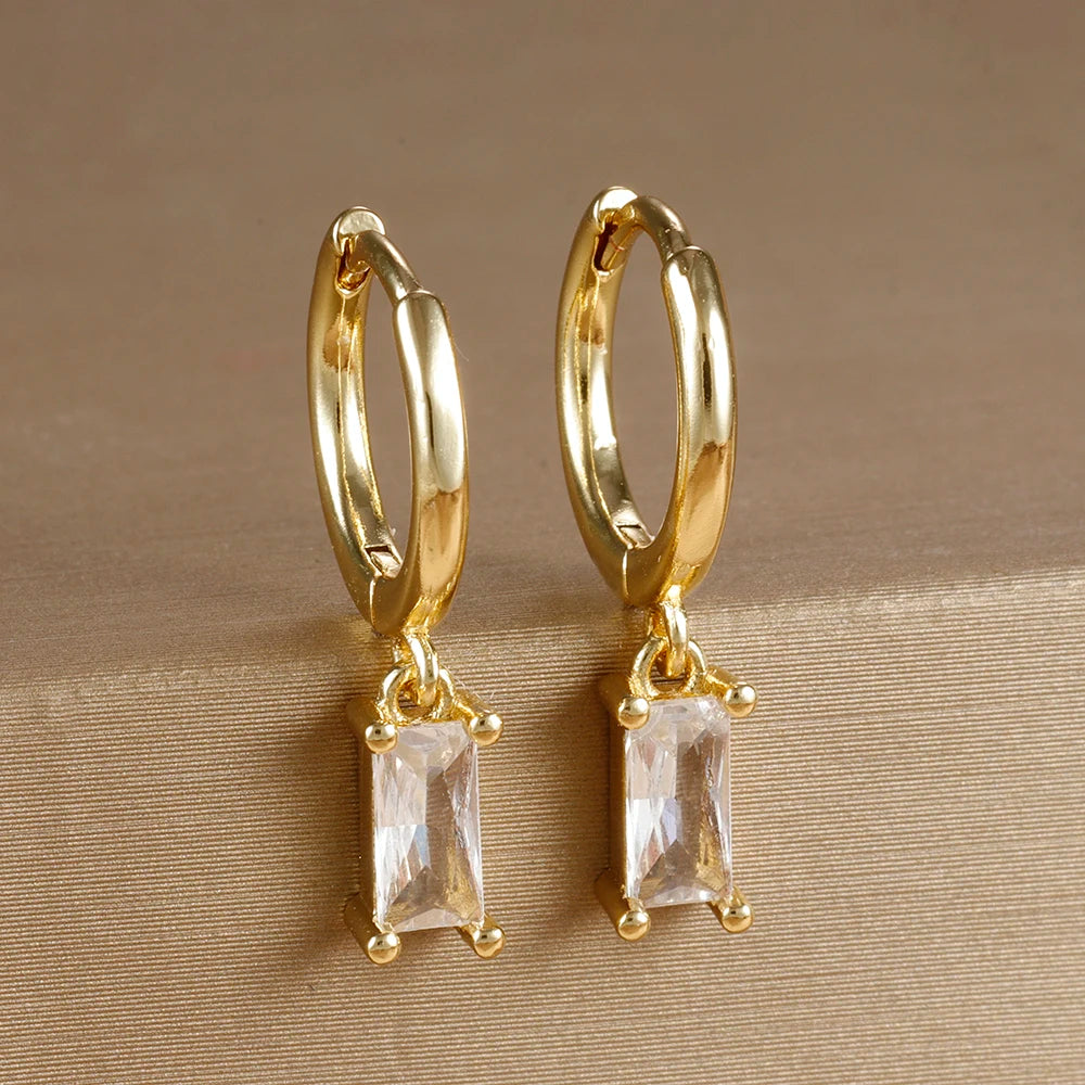 18K Gold Plated Green Zirconia Huggies Hoop Earrings Square Pendant