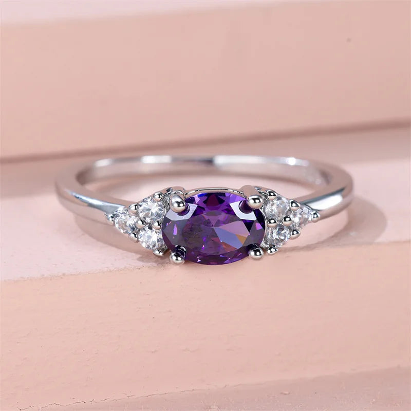 Female Charm Oval Purple White Zircon Minimalist Stacking Thin Rings For Women Party Wedding Bands Mothers Day Jewelry Gifts CZ