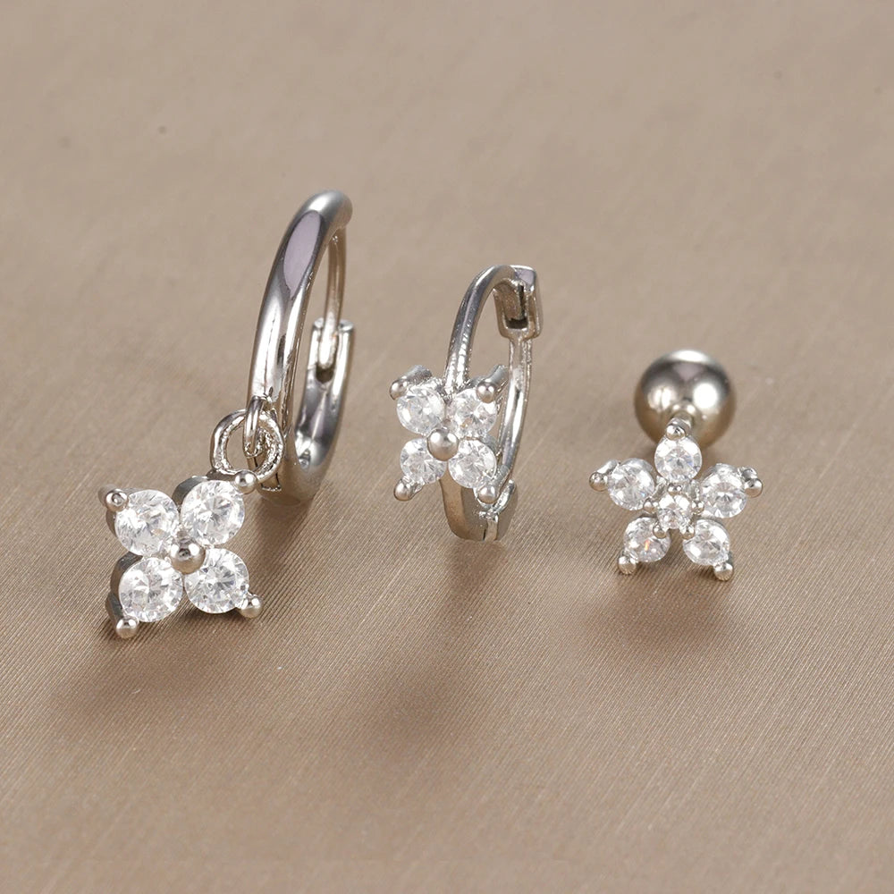 3PCS Vintage Design Four Flower Zircon Hoop Earrings Set Steel
