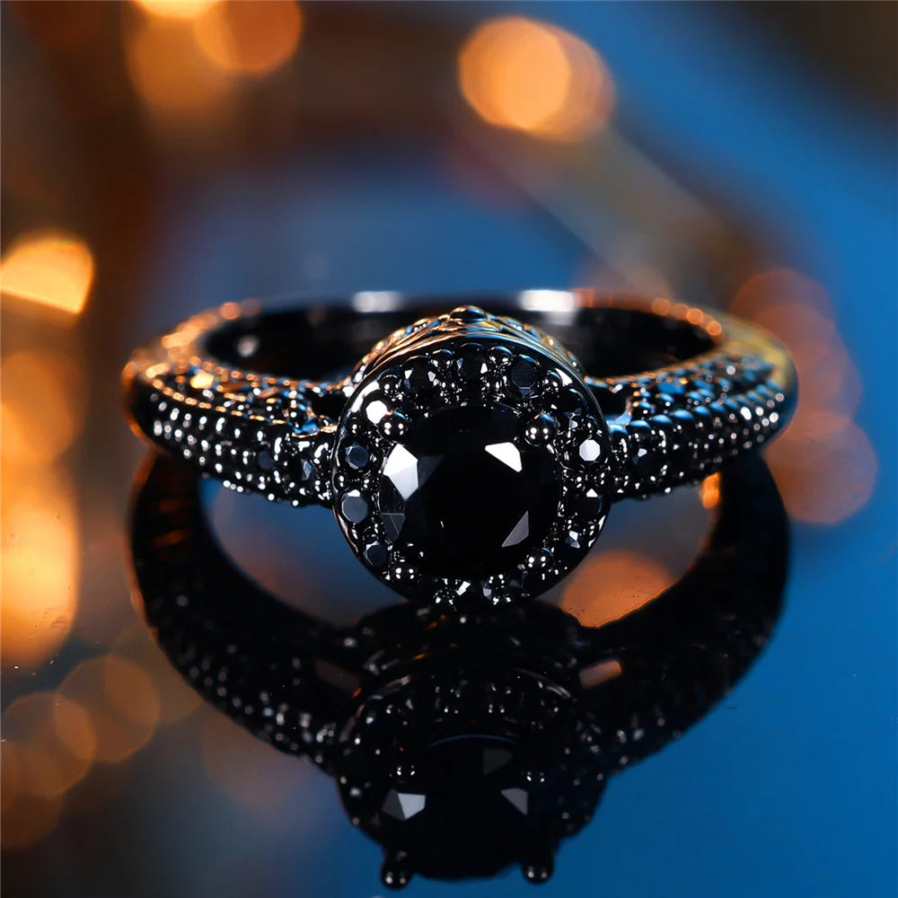 Trendy Cute Female Black Round Zircon Stone Ring Vintage Fashion Black Gold Color Wedding Jewelry For Women