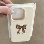 Leopard Print Bow Lychee Case for iPhone 17 16 15 14 Pro Max Plus