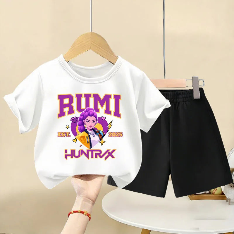 K-pop Girls Summer Casual Outfit Short Sleeve Top and Elastic Waist Shorts