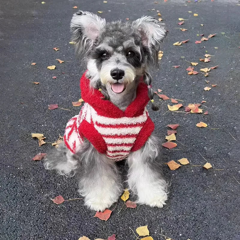 Red Stripe Hooded Dog Cat Vest, Warm Plush Fleece Jacket for Small Medium Pets, Winter Coat with Cute Animal Costume Hood