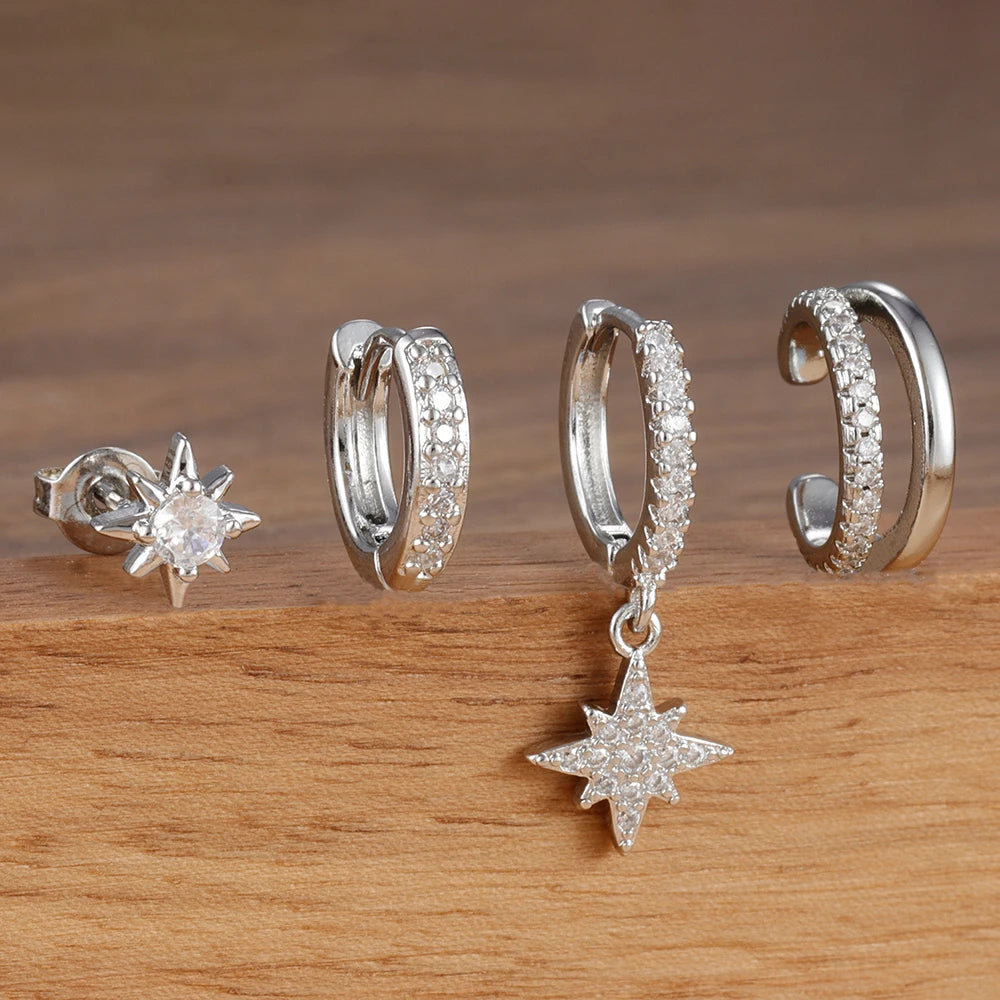 4pcs Stainless Steel Cubic Zirconia Star Dangle Earring Set Clips