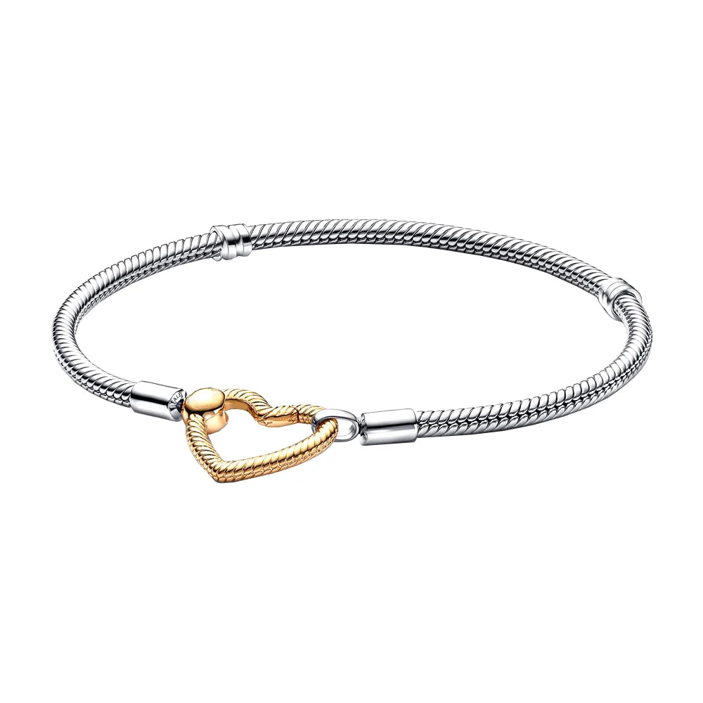 For Women 925 Sterling Silver Moments Heart Closure Bracelet Classic Snake Chain Jewelry Gift Fit Original Charm DIY