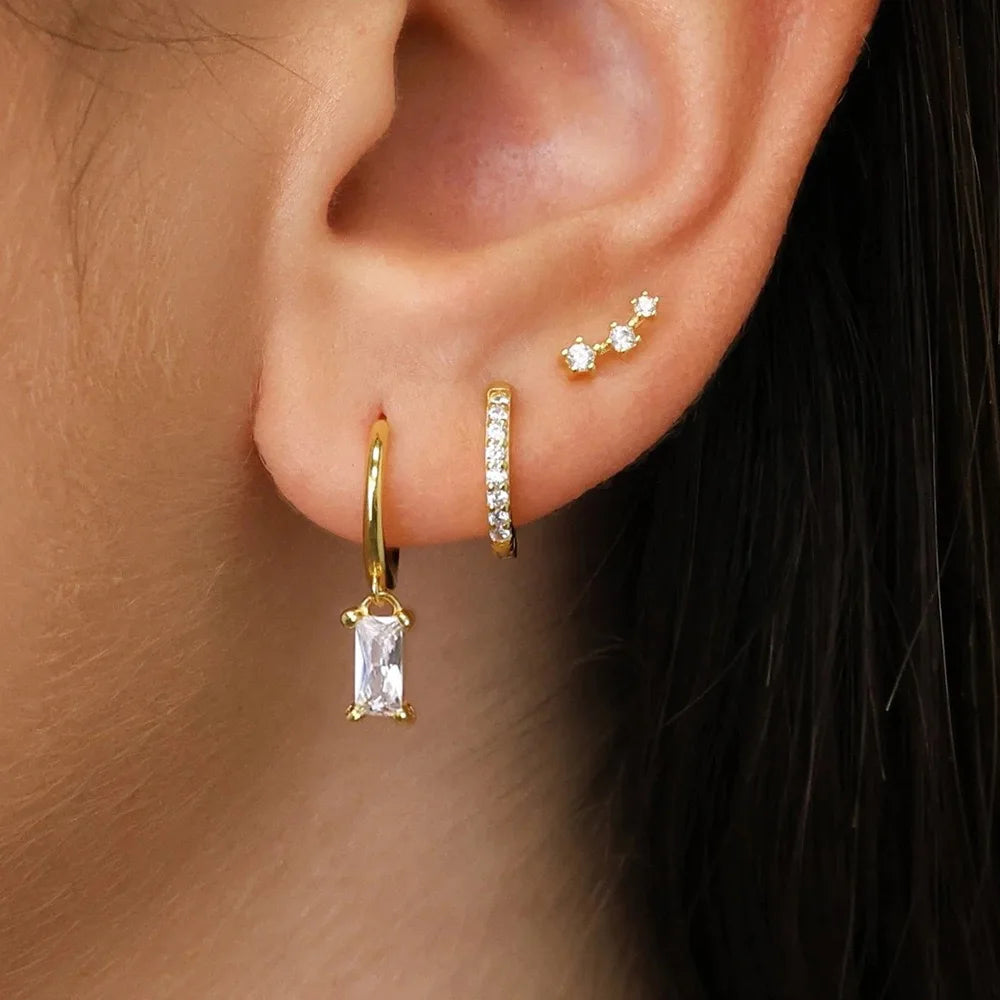 3 Pairs Exquisite Zircon Little Huggies Hoop Earrings Set Steel